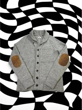 Apolis Gray wool cardigan with brown elbow patches,
